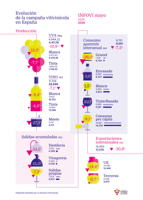 Infografía: Evolución de la campaña vitivinícola según el Infovi del mes de mayo de 2026. Entradas y salidas